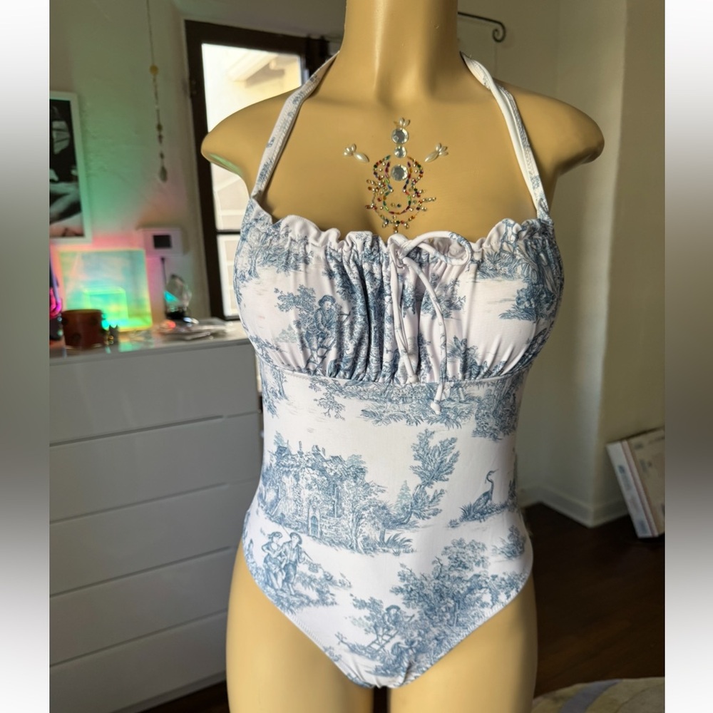 NWOT Blue and White Toile One Piece Halter Swimsuit size M